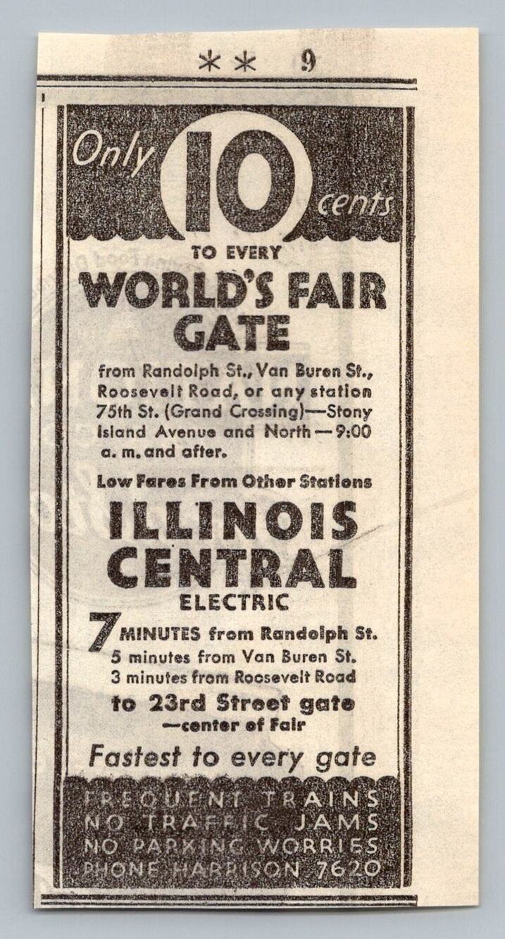 1933 Chicago World's Fair Illinois Central Electric Train Print Ad 10c Rates